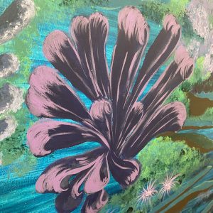 painting of a flower in pink black green and blue