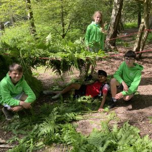 Children wearing bright green hoodies next to a pile of ferns in the woods